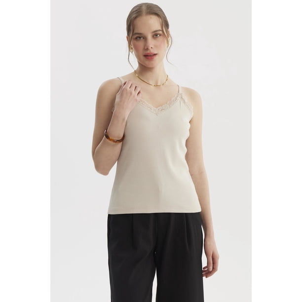 Polera Peto Mujer Pabilo Escote Con Encaje Beige