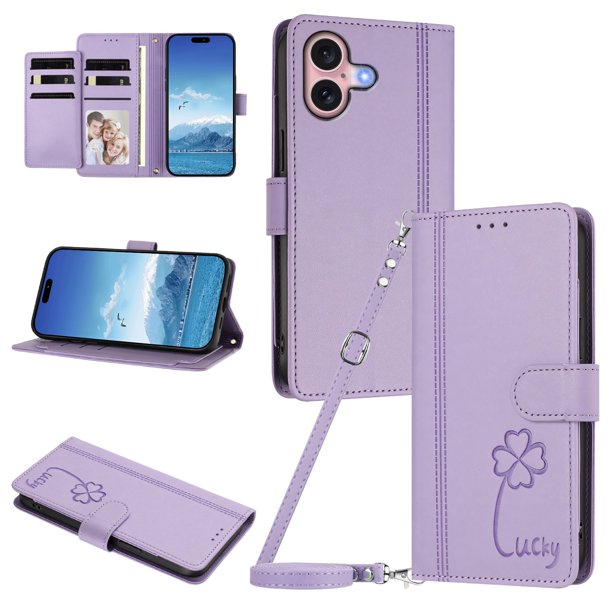 Funda Cartera Trébol para iPhone 16 con Ranuras Tarjetas y Carga Inalámbrica Morado claro