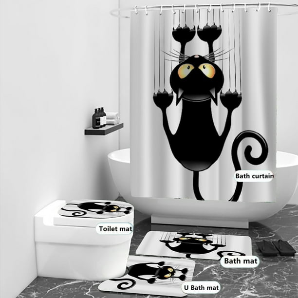4pcs Waterproof Cat Pattern Bathroom Set with Non-Slip Rugs, Shower Curtain, Toilet Lid Cover, and Toilet Mat - Perfect for Bathroom Decor and Safety