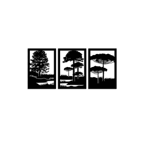 Genérico - Set De 3 Cuadros Paisaje Árboles Araucarias Negro