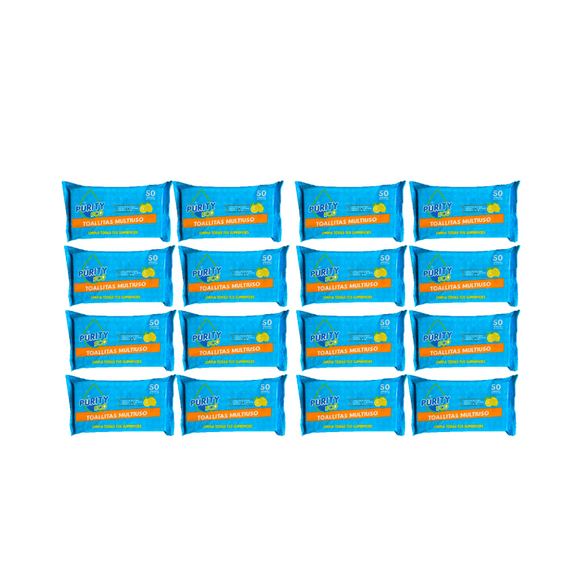 Pack 16 paquetes Toallitas Desinfectantes Purity Eco Multiuso 50 unidades cada uno