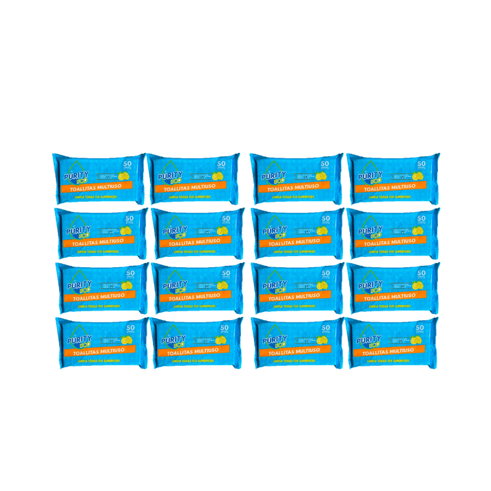 Purityeco - Pack 16 Paquetes Toallitas Desinfectantes Purity Eco Multiuso 50 Unidades Cada Uno