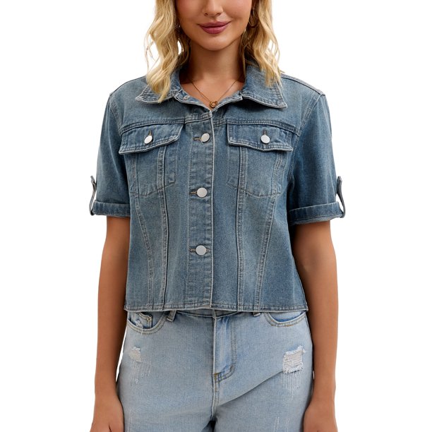 INSPIRE CHIC Chaqueta de Jean Recortada de Manga Corta con Cuello Vuelto Casual de Mezclilla para Mujeres de Regreso a Clases S Gris Azul