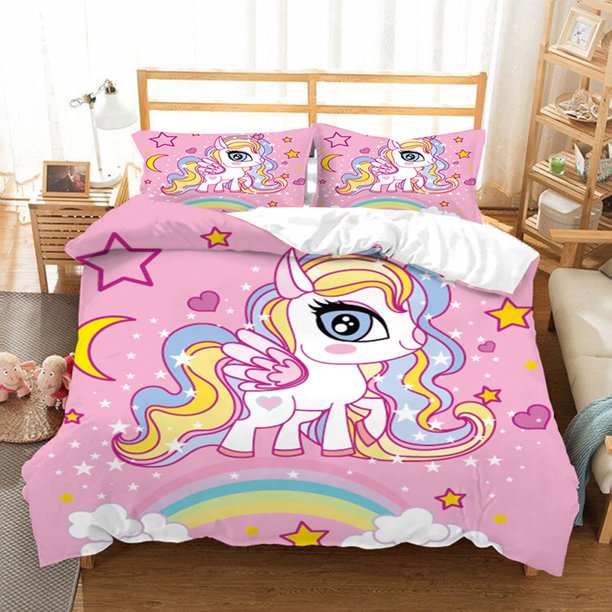 v724 Bed Sheets Hot Sale Cartoon Unicorn Kids Girls Pink Bedding Set Duvet Cover Bedcllothes Animal Printed Queen King Size Home Duvet Covers 3-Piece Bedding Set (1 Duvet Cover + 2 Pillow Shams) Bed S