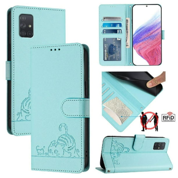 Funda tipo cartera FOXDOCK para Samsung Galaxy A71 4G con soporte, ranuras, RFID, diseño de gato