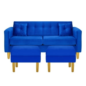 Bodevir - Sofa New Retro 3C + 2 Pouf Felpa 01 Azul Rey