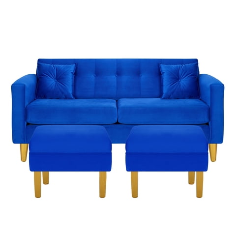 Bodevir - Sofa New Retro 3C + 2 Pouf Felpa 01 Azul Rey