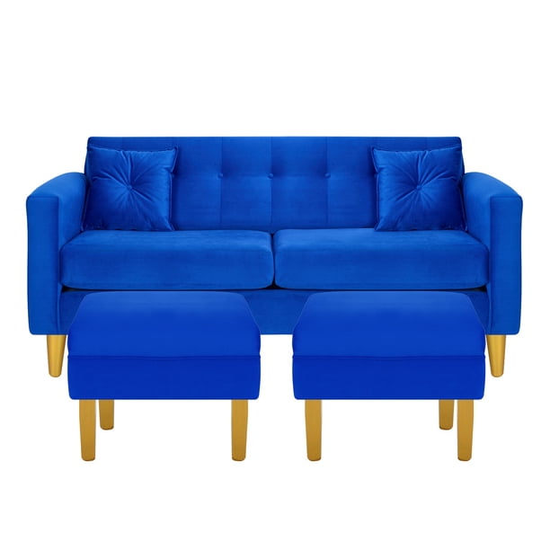 Sofa New Retro 3c + 2 Pouf Felpa 01 Azul Rey