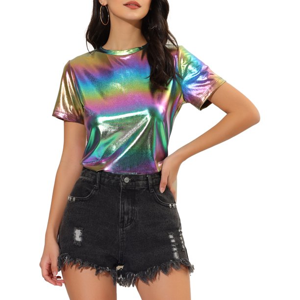 INSPIRE CHIC Tops de Fiesta Brillantes de Manga Corta Texturizados Metálicos de Halloween para Mujer XS Coloridos