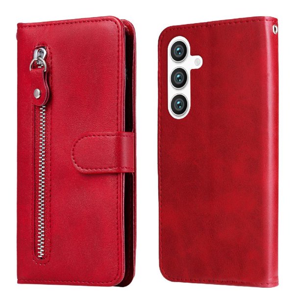 Funda tipo cartera para Samsung Galaxy S25 con bolsillo con cremallera y ranuras para tarjetas – Función de soporte Rojo
