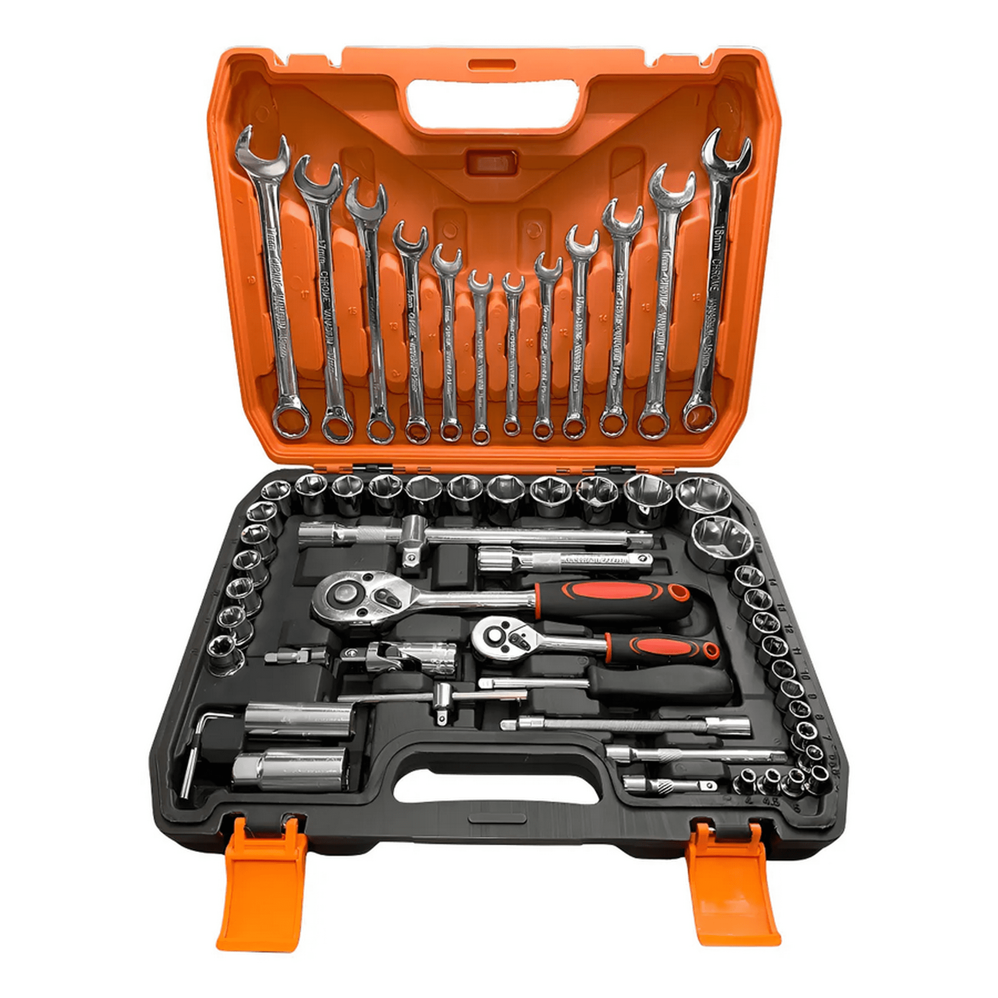 Genérico - Juego Dados Con Llaves Y Chicharra 1/2'' Y 1/4'' 61pc Maleta Color Naranja Negro Plateado