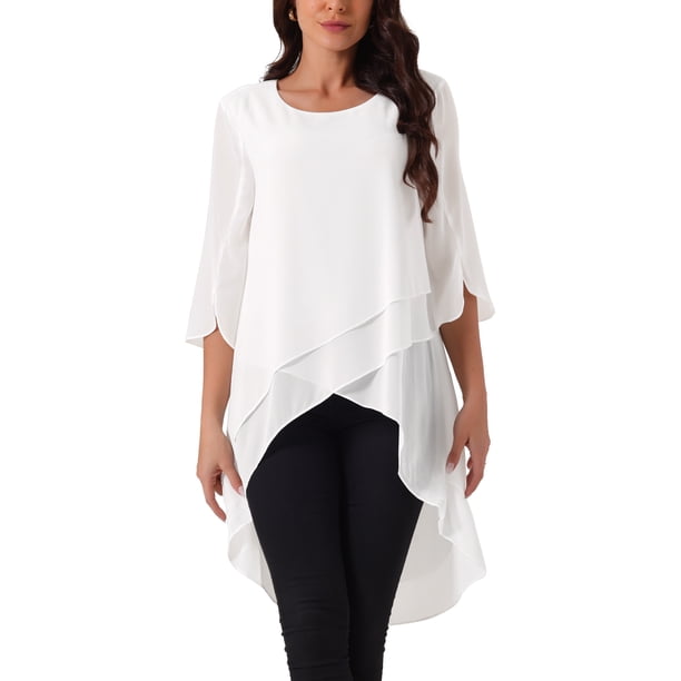 INSPIRE CHIC Blusa de Chifón para Mujer con Mangas Divididas 3/4 y Dobladillo Asimétrico, Túnica Blanca Talla S