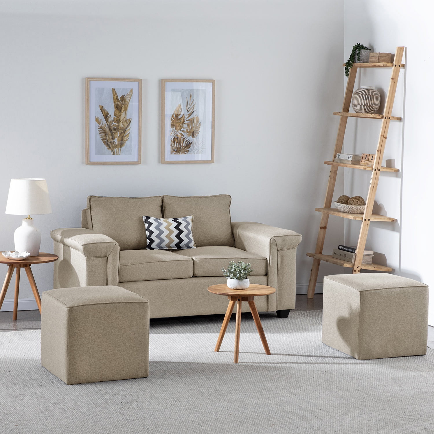 Muebles Cottoni - Sofá 2 Cuerpos + 2 Pouf Sicilia Tela Beige