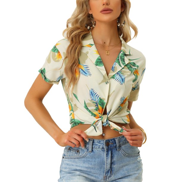 INSPIRE CHIC Camisas de Regreso a Clases para Mujeres Camisa Hawaiana de Manga Corta con Estampado Floral Tropical Botón Abajo Tallas S Beige
