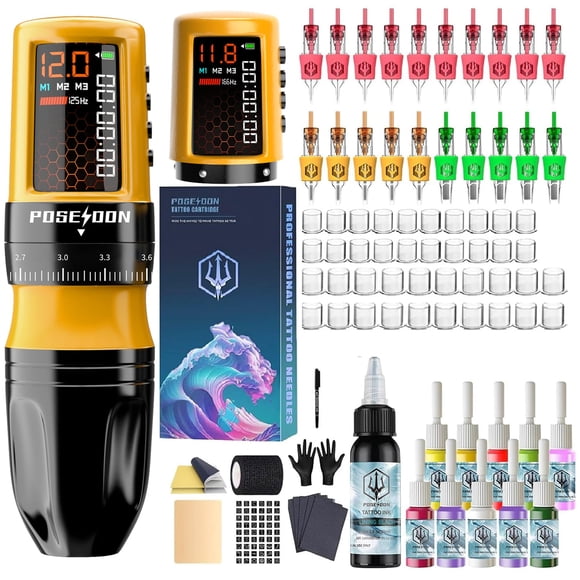 Kit de máquina de tatuaje POSEIDON inalámbrico giratorio con agujas y tinta