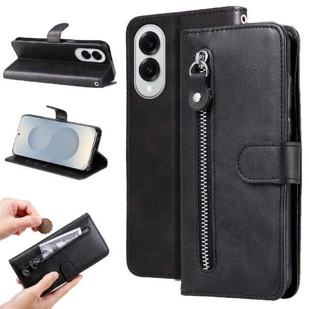 Funda tipo cartera para Samsung Galaxy S25 Edge con bolsillo con cremallera y ranuras para tarjetas – Función de soporte Negro