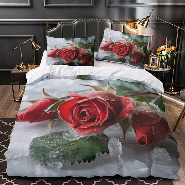 Green Leaf Rose Bedding Set Duvet Cover Set3-Piece Bedding Set