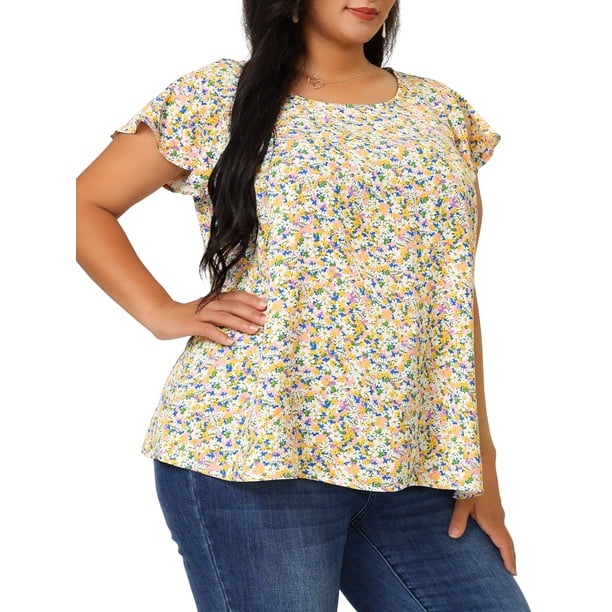 Agnes Orinda Blusas Florales de Talla Grande para Mujer Cuello Redondo Manga Corta Acampanada Casual Primavera Verano Blusa 1X Rosa