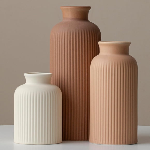 Juego de jarrones de cerámica Vaurcesa 3 acanalados mate 10 in