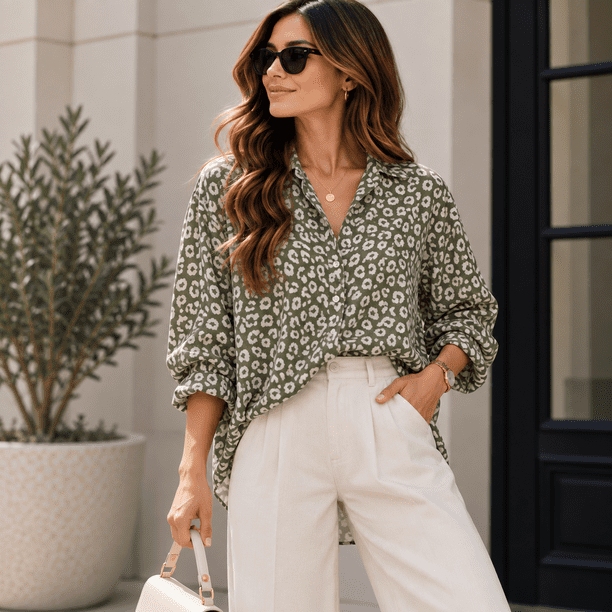 Camisa Gasa Mujer Animal Print Manga Larga verde Talla Única