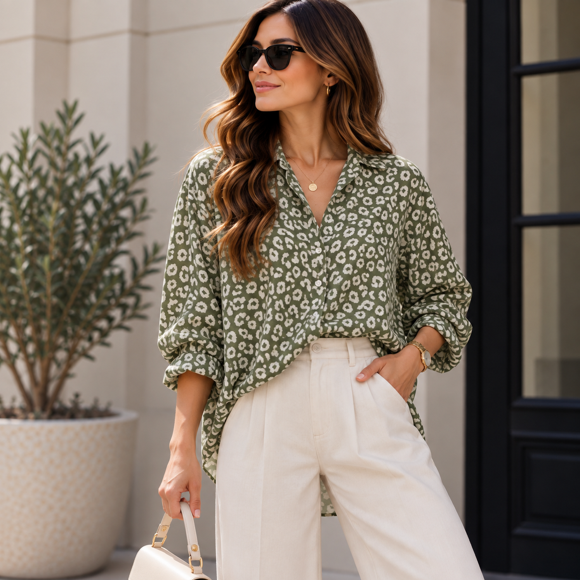 Camisa Gasa Mujer Animal Print Manga Larga verde Talla Única