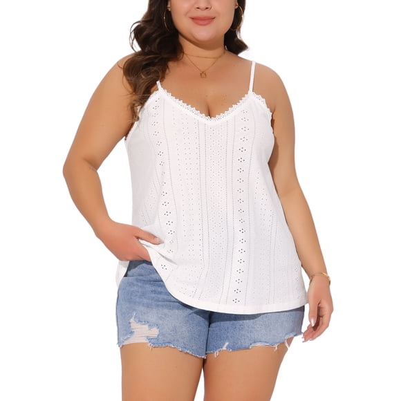 FAB CURVES Camiseta sin mangas de jersey con ojales y tirantes finos para mujer de talla grande, cuello en V, sin mangas, casual de verano, 2X blanco