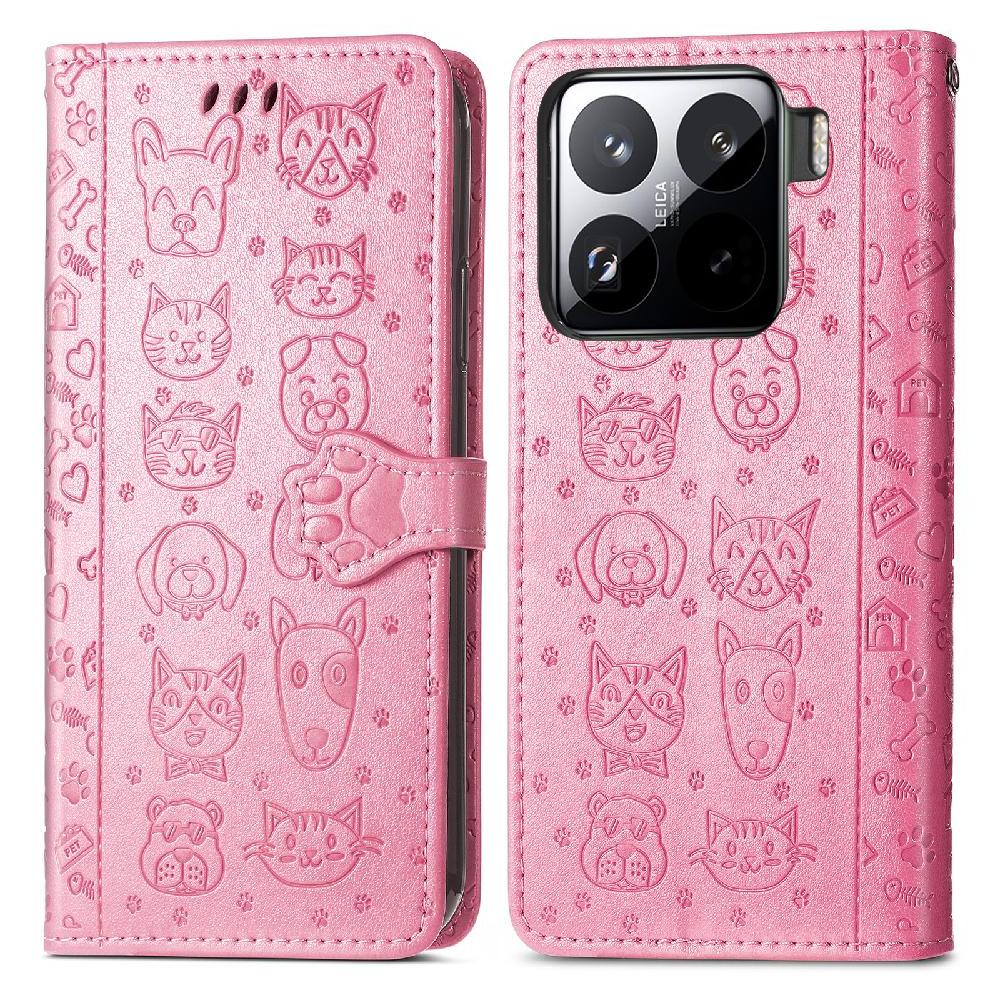 Funda Cartera Foxdock Para Xiaomi 15 Pro , Flip Pu Con Relieve De Gatos Y Perros, Tarjetero Y Soporte