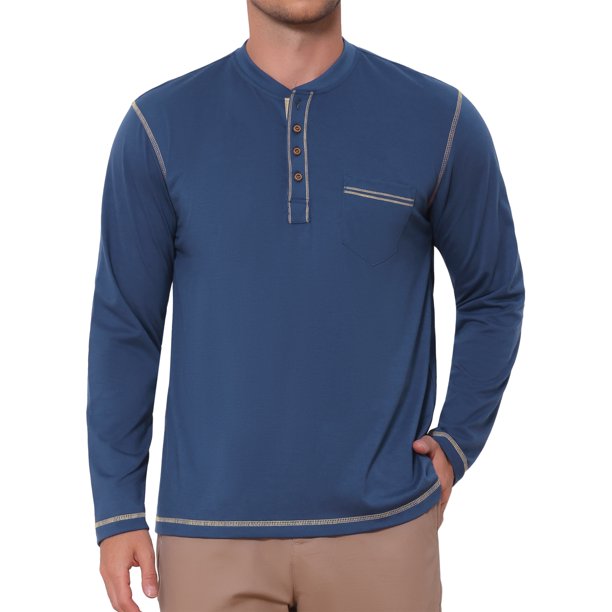 INSPIRE CHIC Camisetas Henley de Manga Larga con Bolsillo en el Pecho para Hombre Camiseta Básica Casual M Azul Marino