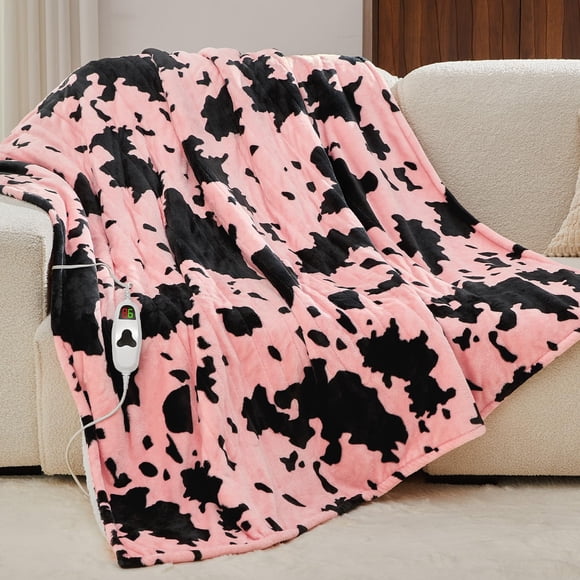 Manta eléctrica térmica RUJIPO con estampado de vaca, tamaño doble, rosa