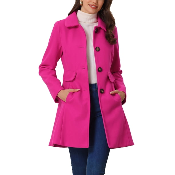 INSPIRE CHIC Abrigos de Invierno para Mujer Clásico Vintage de Longitud Media con Cuello Peter Pan y Botonadura Simple Abrigo S Rosa Fucsia