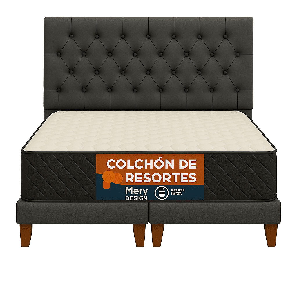 Ethan Desing - Cama 2 Plaza Capitoné + Respaldo 2p Capitone Gris Grafito + Colchón 2p Mery Desing