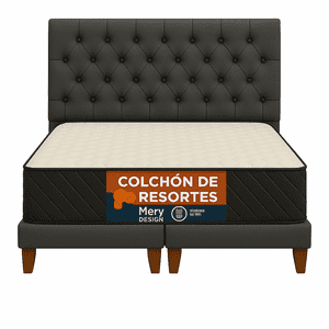 Ethan Desing - Cama 2 Plaza Capitoné + Respaldo 2P Capitone Gris Grafito + Colchón 2P Mery Desing