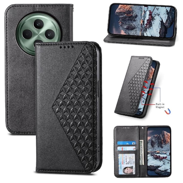 Funda Flip FOXDOCK para OPPO Reno 12F 4G , Estilo Billetera con Diseño Rombo, Correa de Mano y Soporte, Uso Diario