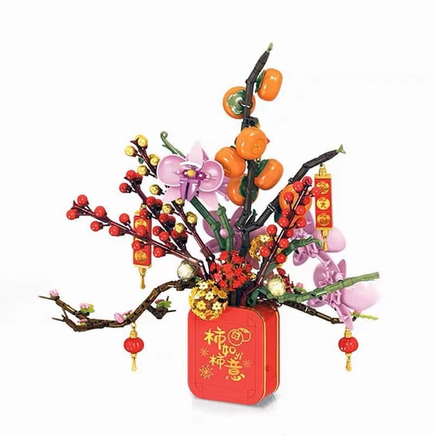 908 Particles Chinese New Year's Spring Festival Creative Building Blocks, Flowerpot Small Particles Assembled Building Blocks Toys, Decoration Model With Lights