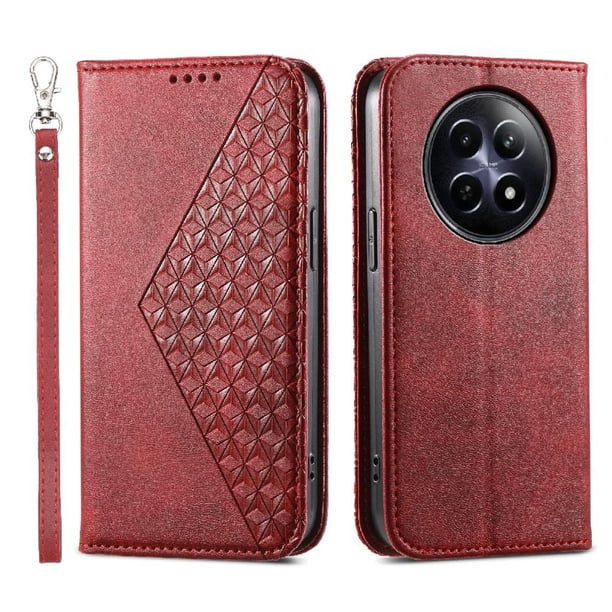 Funda Flip FOXDOCK para Realme 12 5G , Estilo Billetera con Diseño Rombo, Correa de Mano y Soporte, Uso Diario