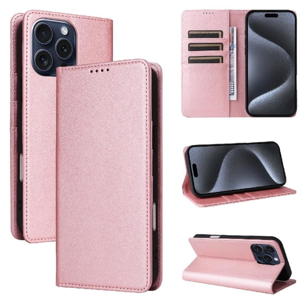 Funda Cartera para iPhone 15 Pro con Ranuras Tarjetas y Soporte - Protección Completa Oro rosa
