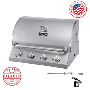 Kinggrill - Parrilla A Gas Empotrada De 4 Quemadores - Acero Inoxidable + Spiedo Con Motor