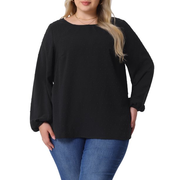 GRACIA Y GRANDEZA Disfraces de Halloween Blusa de Gasa con Lunares Suizos para Mujer Tallas Grandes Cuello Redondo Manga de Linterna con Detalles de Pompones 2X Negro