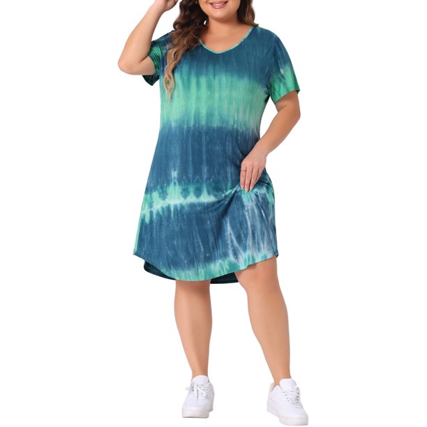 GRACIA Y GRANDEZA Vestido de Colegio para Mujer Talla Grande, Rayas de Tie Dye, Cuello en V, Manga Corta, Verano Casual, Midi, T-shirt, Talla 3X Azul Verde