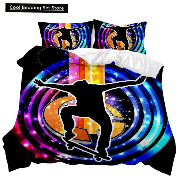 Skateboard Duvet Cover Set Hip Hop Style Bedding Set Colorful Rainbow Tie-Dye Hippie Abstract Graffiti Art Polyester Qulit Cover Bed Sheets