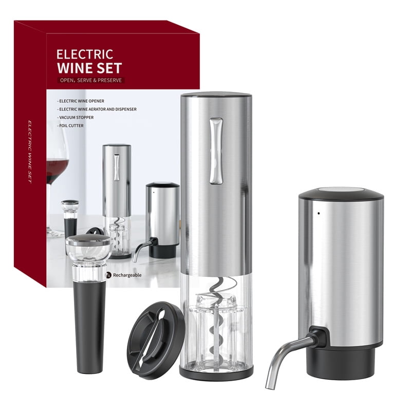Xusx111 - 4-en-1 Recargable Vino Eléctrico Abridor Vino Aerador Set De Regalo Con Decantador De Vino Eléctrico, Tapón De Vino, Cortador De Lámina, Automático Eléctrico Abridor De Botellas De Vino Para