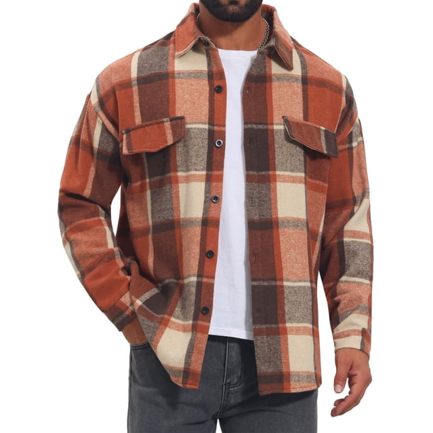 Camisas Vintage para Hombre de Manga Larga con Botones Abajo Chaqueta de Camisa de Cuadros Cepillada M Marrón Rojo
