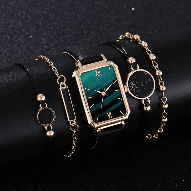 1pc Round Pointer Quartz Watch & 4pcs Bracelet