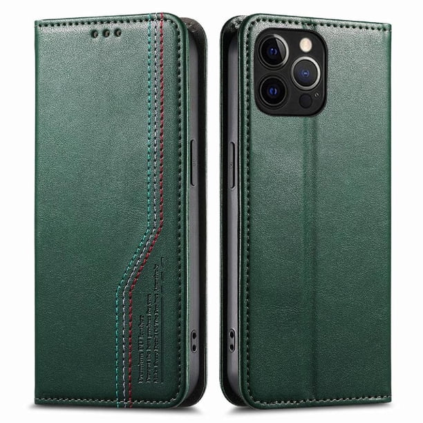 Funda tipo cartera para iPhone 15 Pro Max de piel con cierre magnético, ranuras para tarjetas y correa para la muñeca Verde