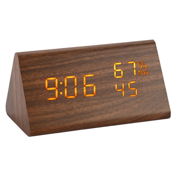 Reloj de madera triangular con control de voz creativo, pantalla digital, alarma de temperatura y humedad.