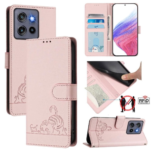 Funda tipo cartera FOXDOCK para Motorola Edge 50 Neo con soporte, ranuras, RFID, diseño de gato