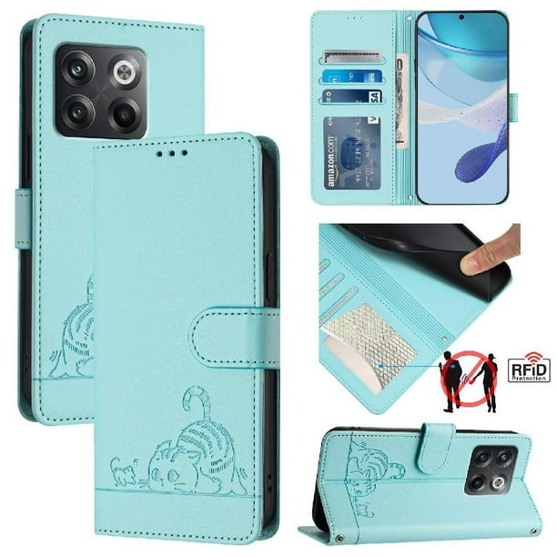 Funda tipo cartera FOXDOCK para Oneplus 10T 5G con soporte, ranuras, RFID, diseño de gato