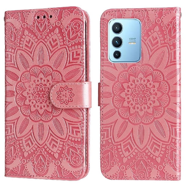 Funda tipo cartera FOXDOCK para Vivo V23 Pro , diseño girasol en relieve, cuero PU, cierre magnético, soporte y tarjetero