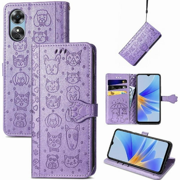 Funda Cartera FOXDOCK para OPPO A17 , Flip PU con Relieve de Gatos y Perros, Tarjetero y Soporte