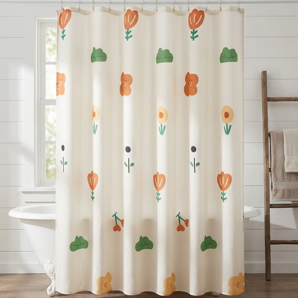Cortina de Ducha Impresa REGALWOVEN, Cortina de Baño con Patrones Lindos Resistente al Agua con 12 Ganchos Floral 71"W x 71"L